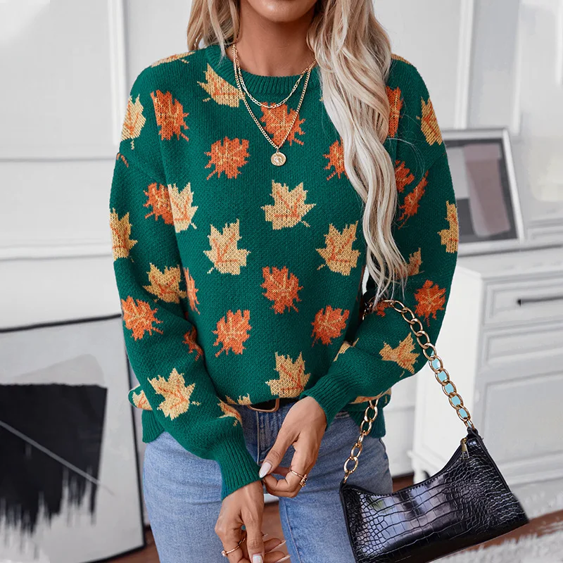 Ceylan Women’s Oversized Knit Sweater Maple Leaf Graphic - Image 7