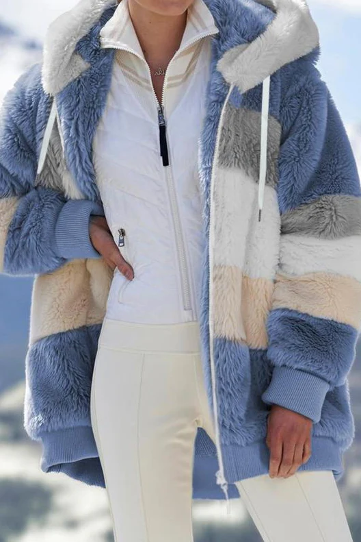 Ceylan Women¡¯s Oversized Teddy Jacket Striped Hooded Faux Fur Coat - Image 2