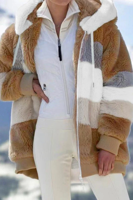 Ceylan Women¡¯s Oversized Teddy Jacket Striped Hooded Faux Fur Coat - Image 3