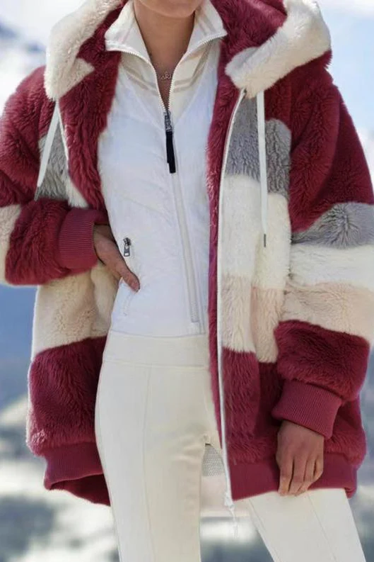 Ceylan Women¡¯s Oversized Teddy Jacket Striped Hooded Faux Fur Coat - Image 4