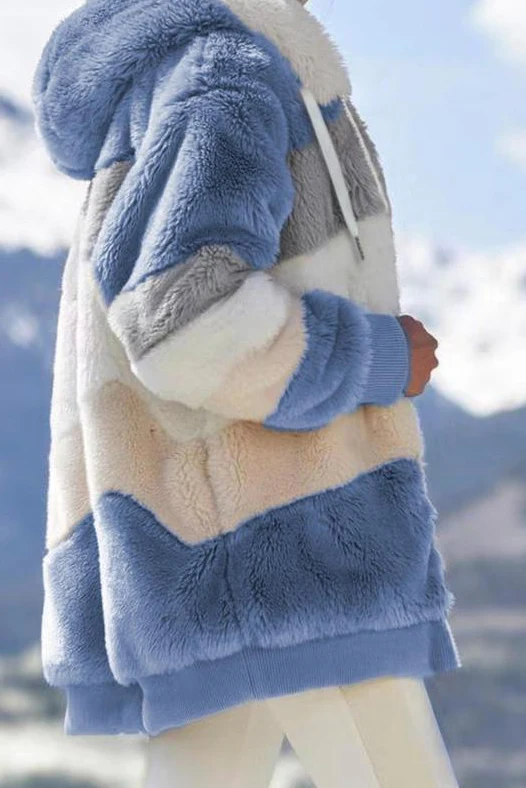 Ceylan Women¡¯s Oversized Teddy Jacket Striped Hooded Faux Fur Coat - Image 5