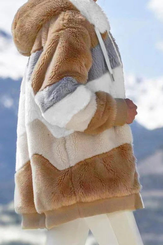 Ceylan Women¡¯s Oversized Teddy Jacket Striped Hooded Faux Fur Coat - Image 6