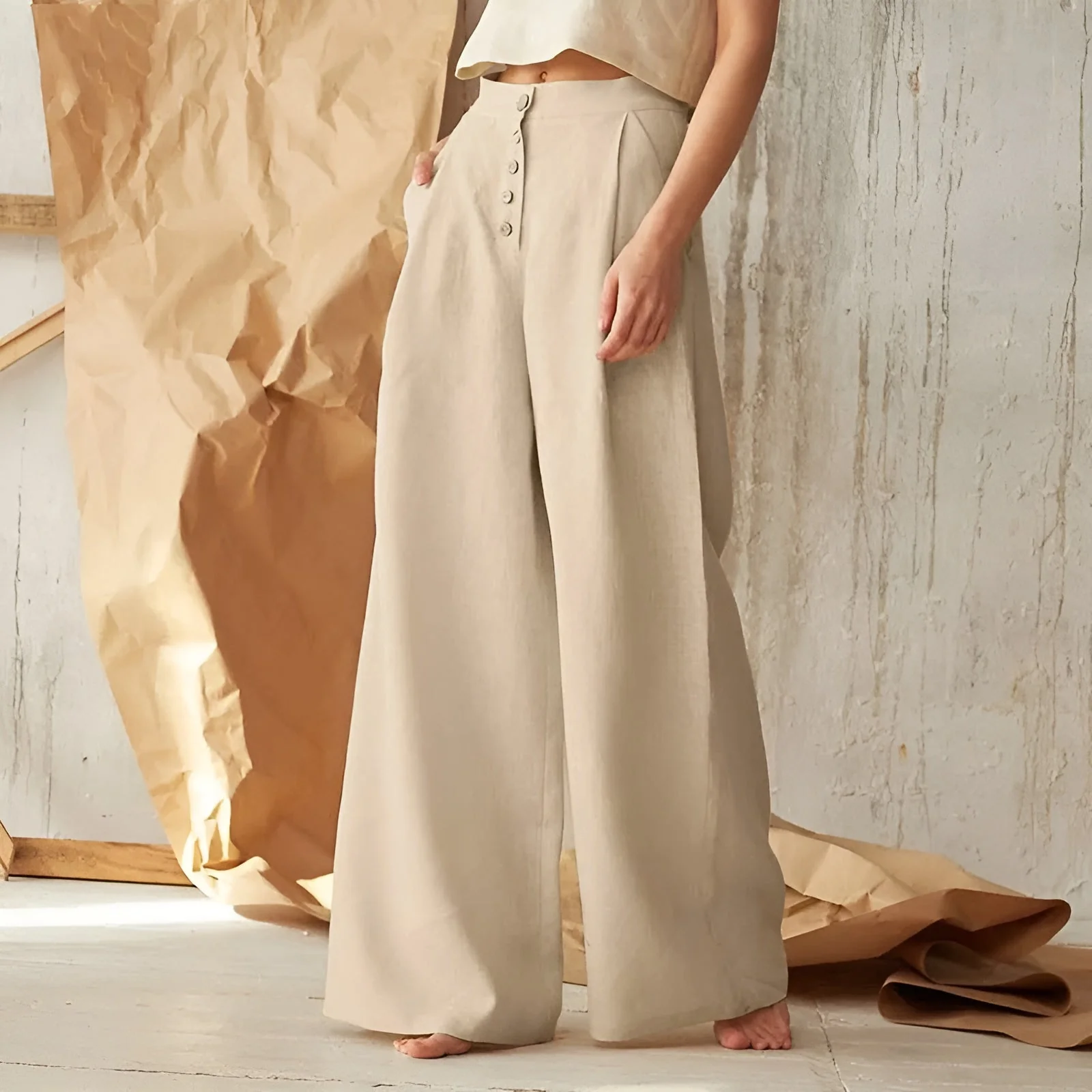 Ceylan Women¡¯s Palazzo Pants with Button-Up High Waist - Image 3