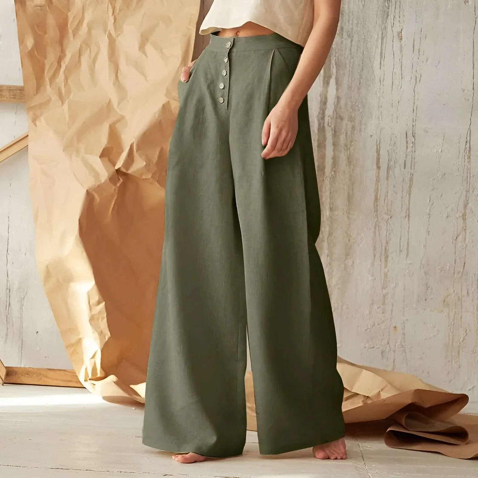 Ceylan Women¡¯s Palazzo Pants with Button-Up High Waist - Image 4