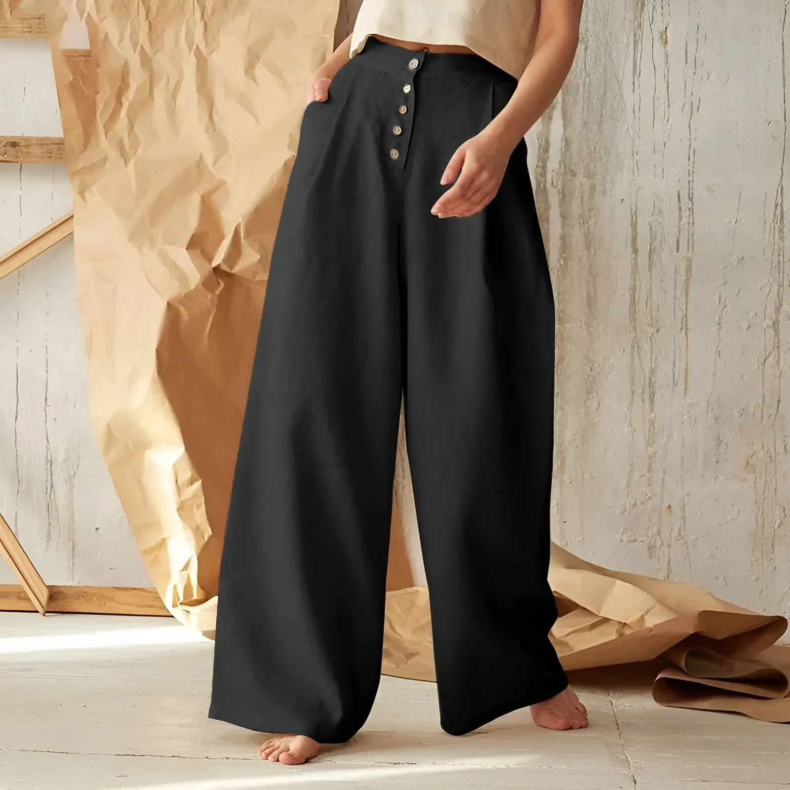 Ceylan Women¡¯s Palazzo Pants with Button-Up High Waist - Image 5
