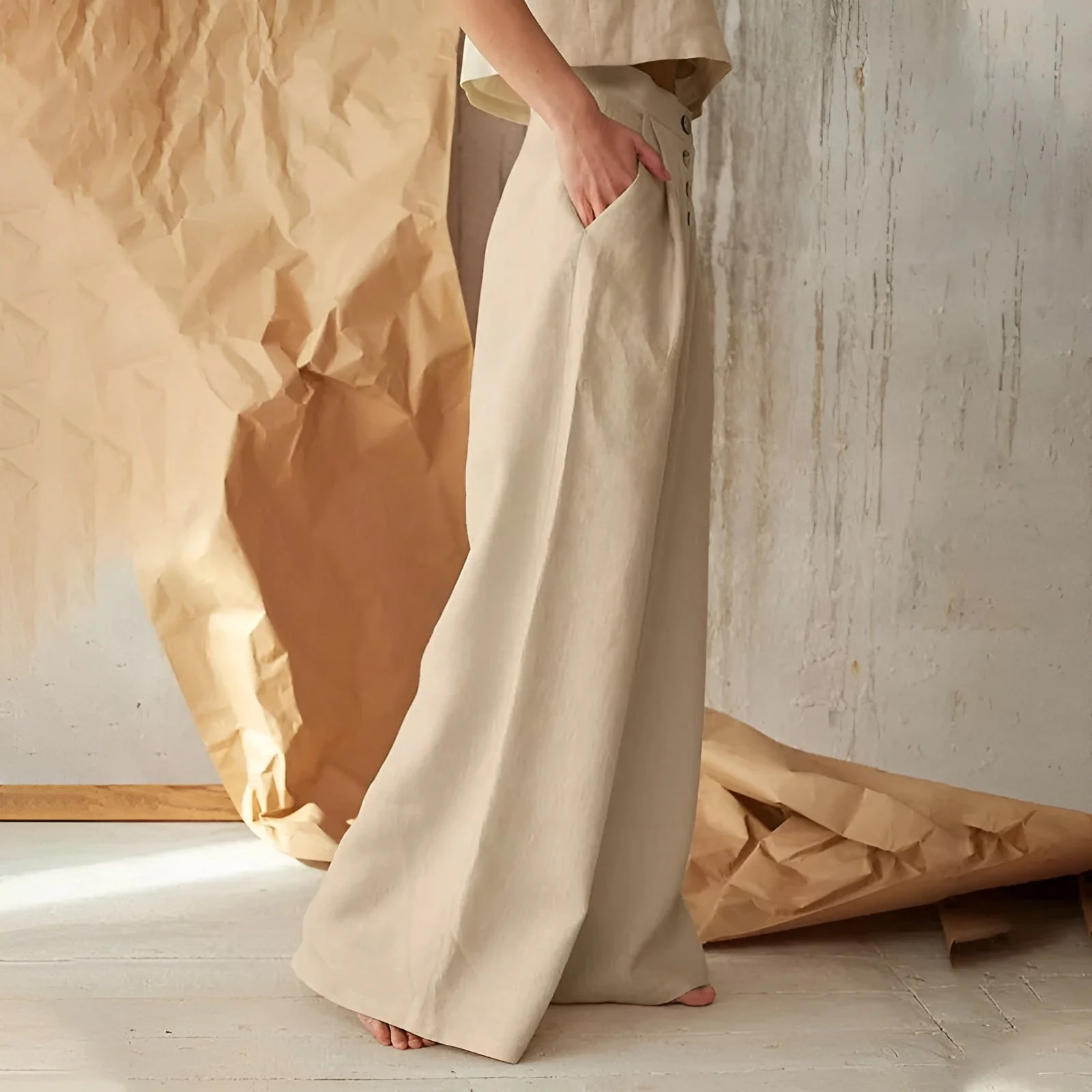 Ceylan Women¡¯s Palazzo Pants with Button-Up High Waist - Image 6