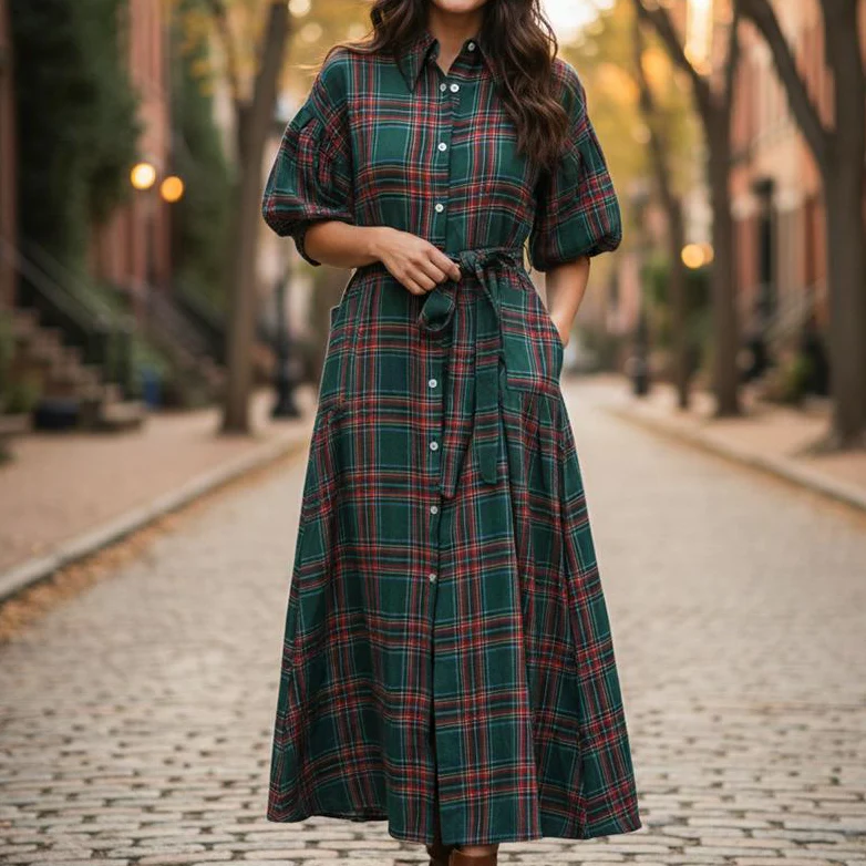 Ceylan Women’s Plaid Maxi Dress Puff Sleeve Button Down - Image 2