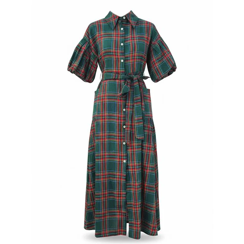 Ceylan Women’s Plaid Maxi Dress Puff Sleeve Button Down - Image 3