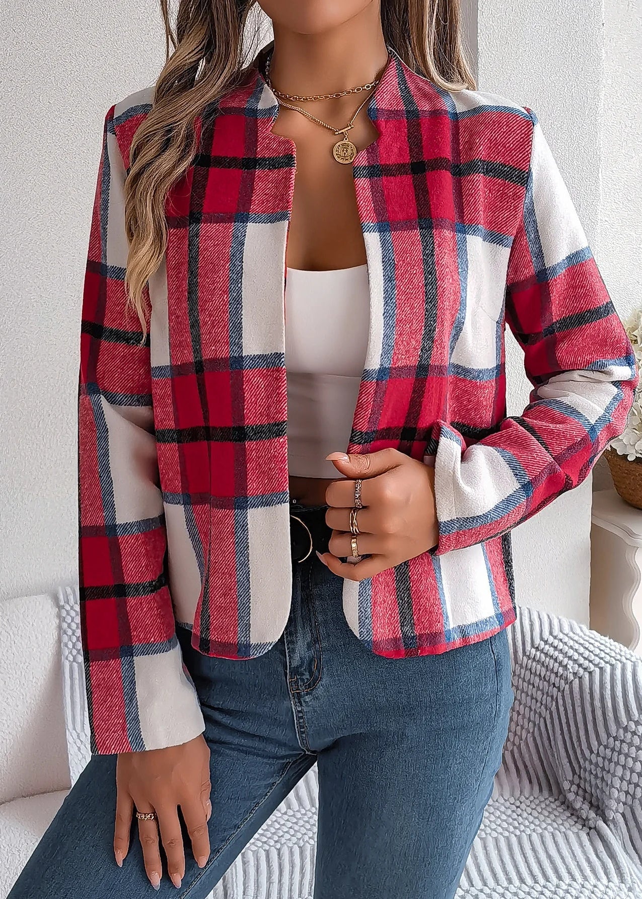 Ceylan Women¡¯s Plaid Open Front Jacket Smart Casual Fit - Image 3