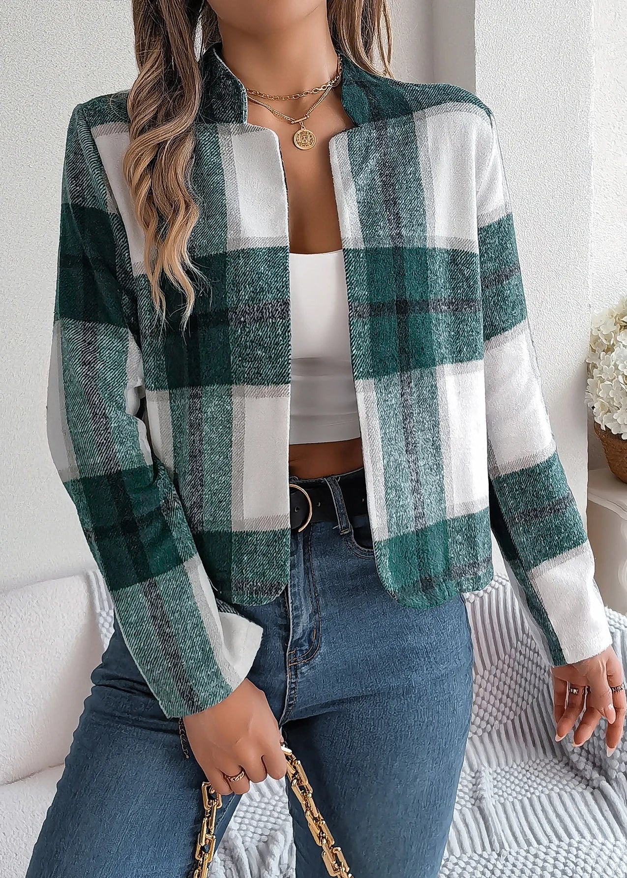 Ceylan Women¡¯s Plaid Open Front Jacket Smart Casual Fit - Image 5