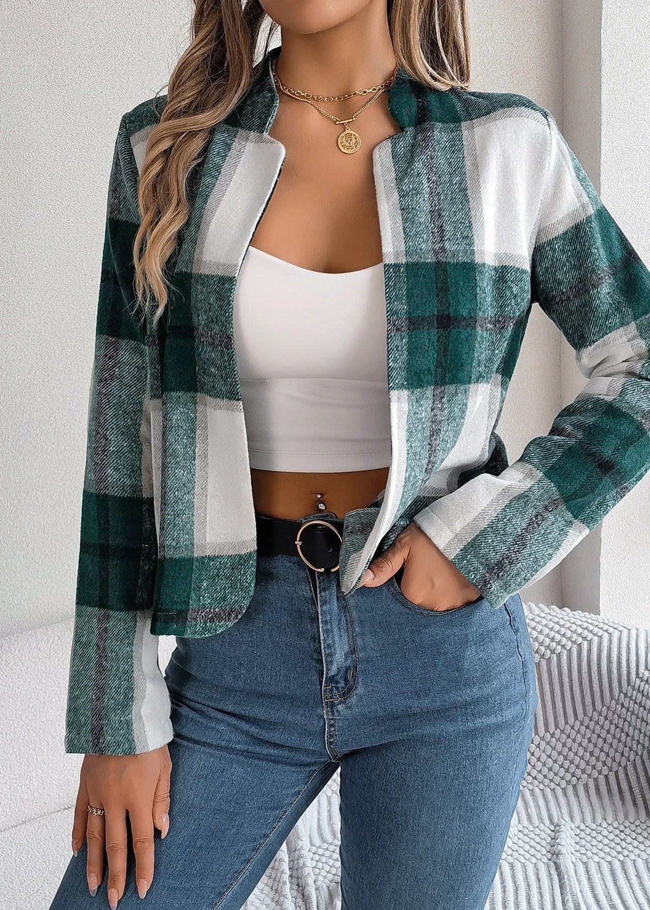 Ceylan Women¡¯s Plaid Open Front Jacket Smart Casual Fit - Image 7