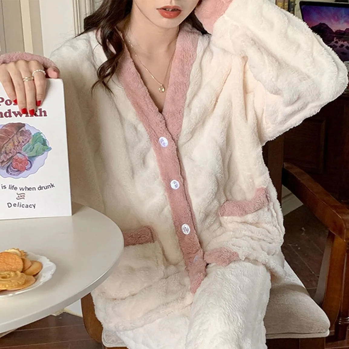 Ceylan Women’s Plush Pajama Set with Contrast Fleece Trim - Image 7