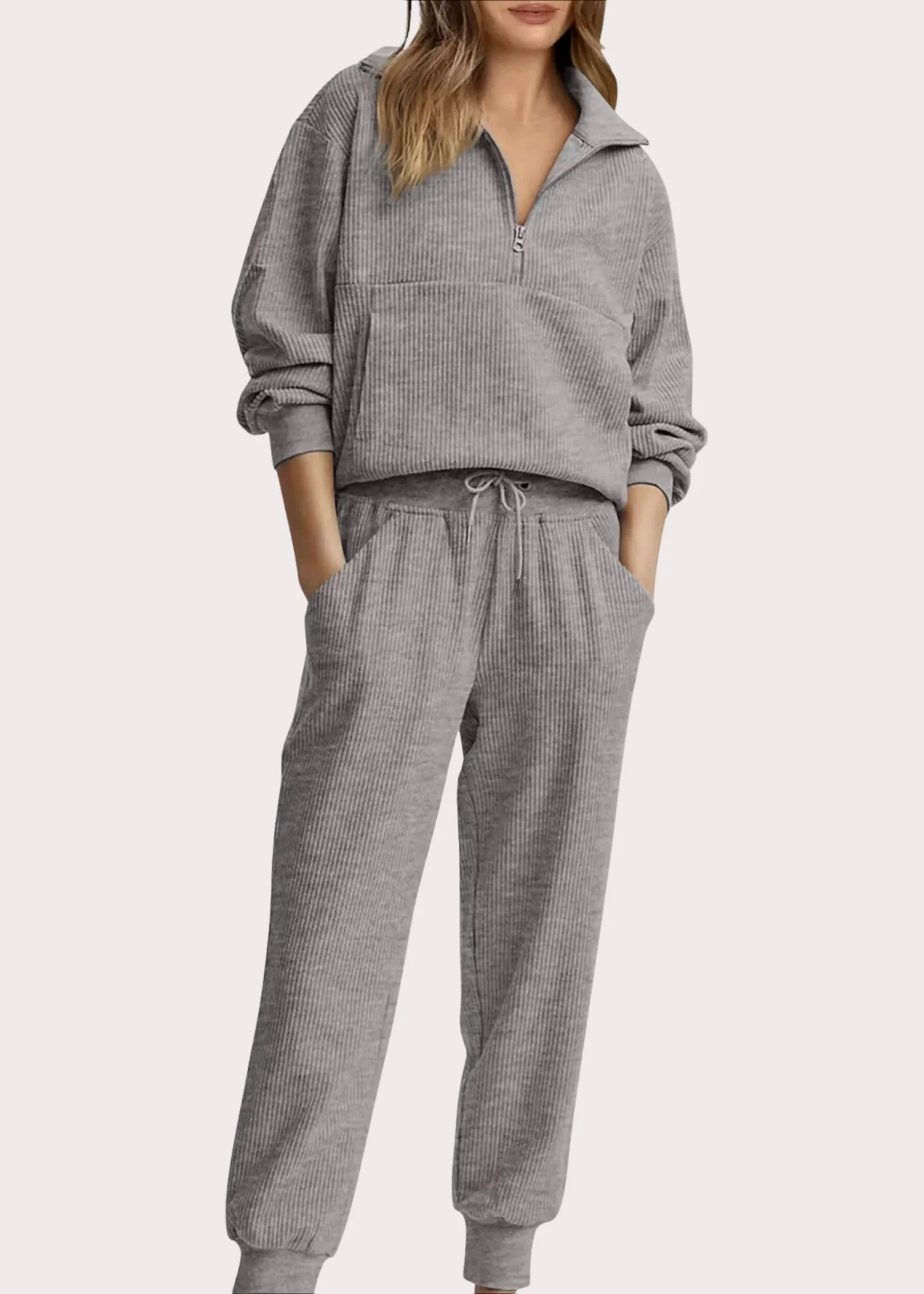Ceylan Women's Ribbed Half Zip Sweatshirt and Joggers Set - Image 6