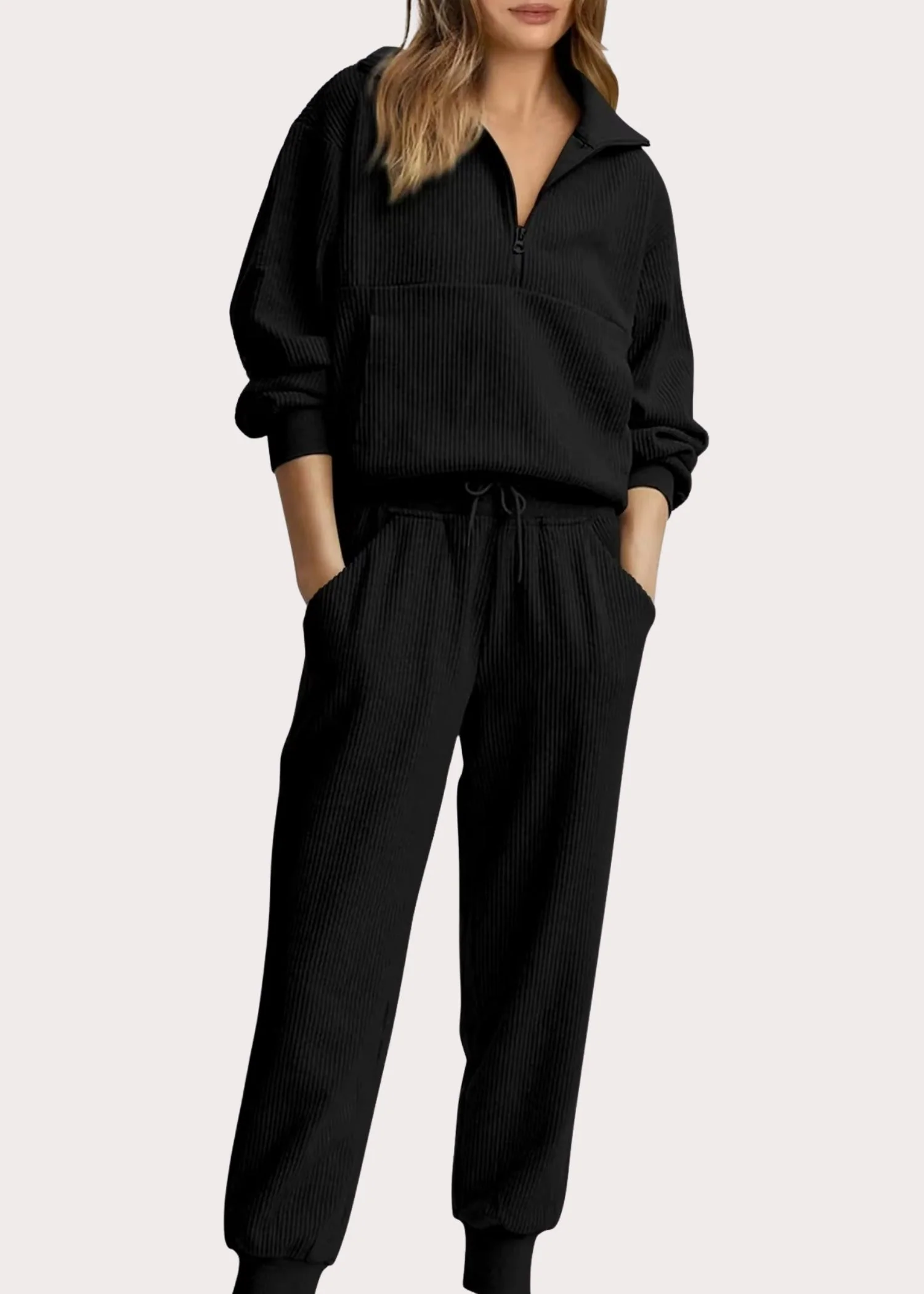 Ceylan Women's Ribbed Half Zip Sweatshirt and Joggers Set - Image 9