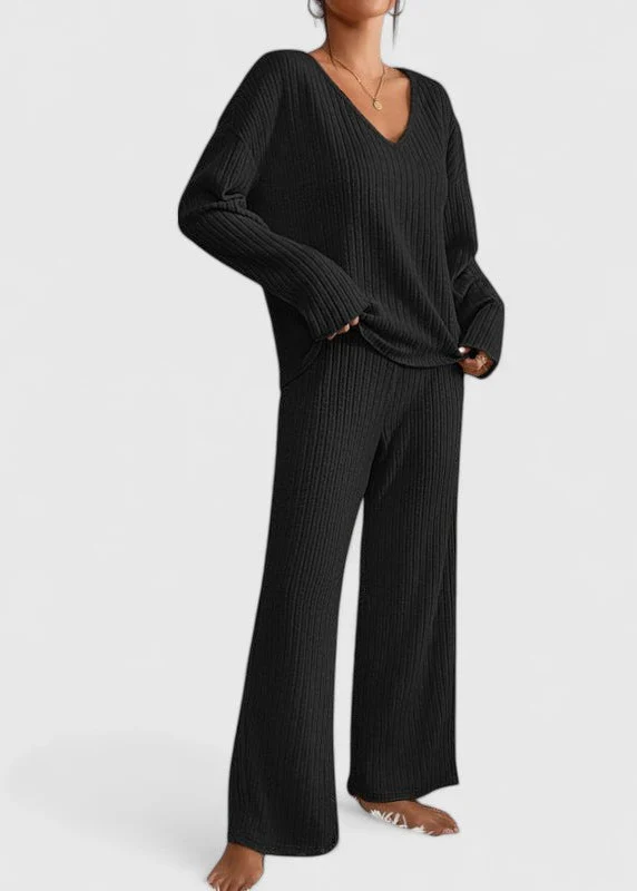 Ceylan Women’s Ribbed Knit Lounge Set V-Neck Wide Leg Fit - Image 5
