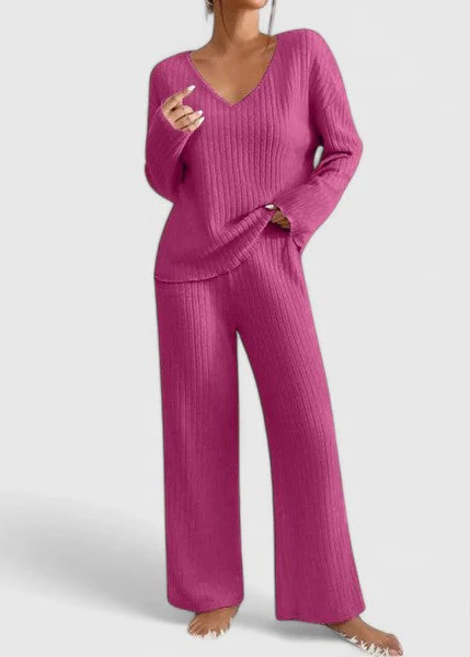 Ceylan Women’s Ribbed Knit Lounge Set V-Neck Wide Leg Fit - Image 8