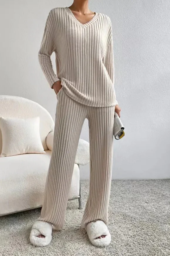 Ceylan Women¡¯s Ribbed Knit Lounge Set Wide Leg Two Piece - Image 4