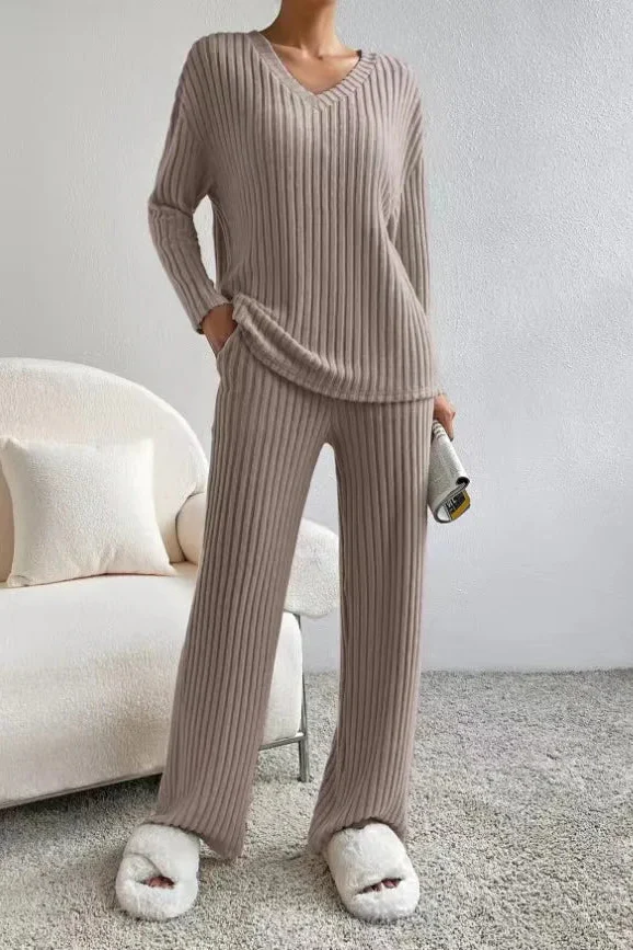 Ceylan Women¡¯s Ribbed Knit Lounge Set Wide Leg Two Piece - Image 5