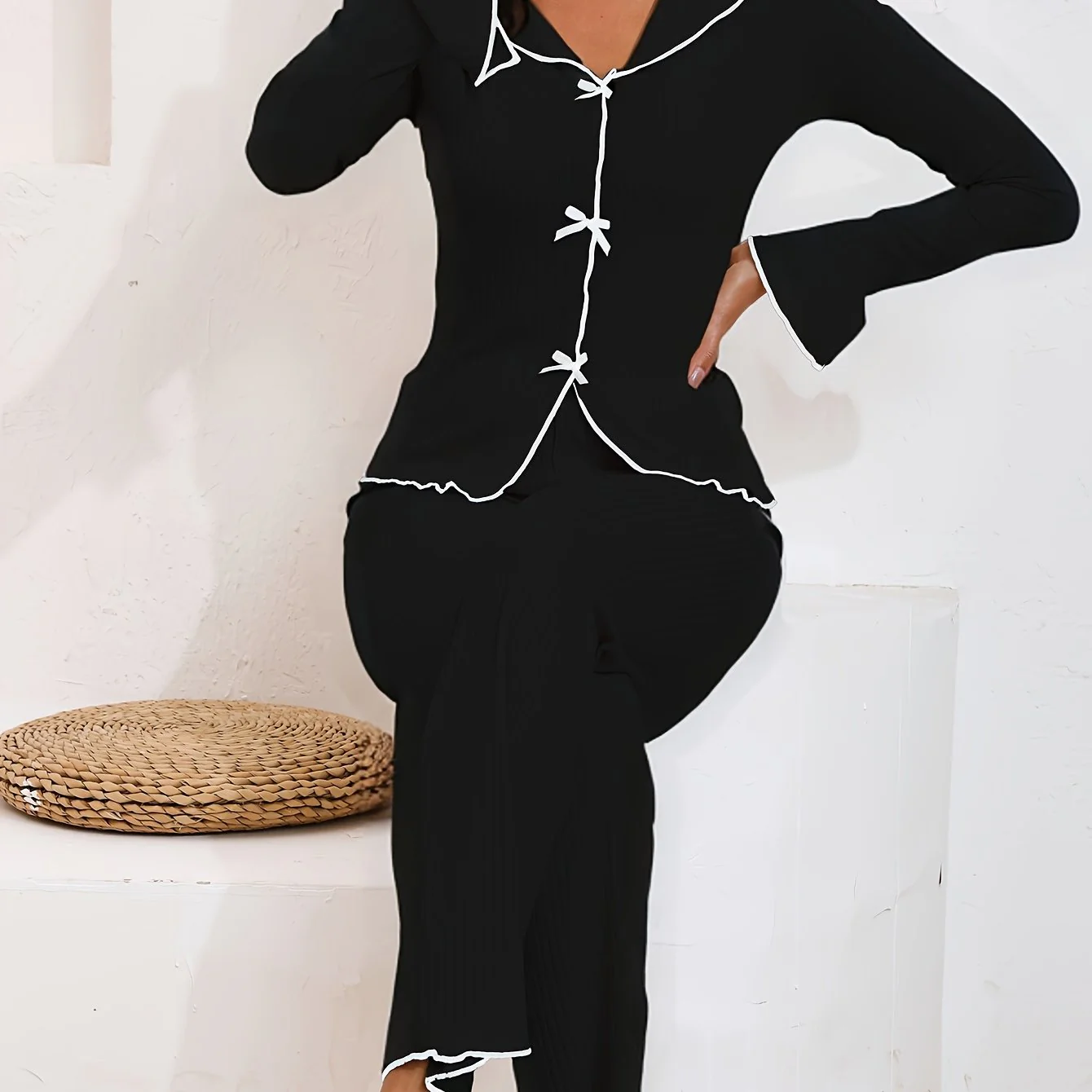 Ceylan Women’s Ribbed Knit Pajama Set Contrast Bow Detail - Image 3