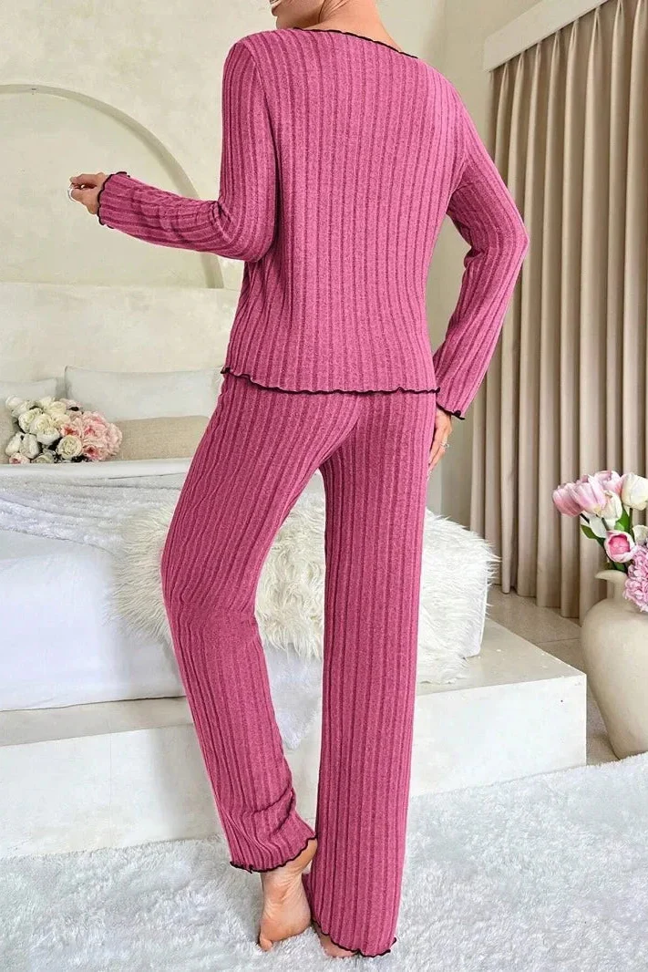 Ceylan Women’s Ribbed Knit Pajama Set Lettuce Edge Trim - Image 11