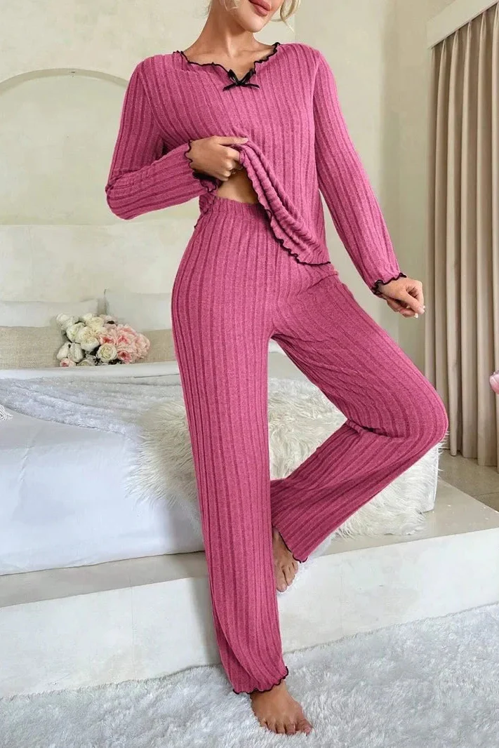 Ceylan Women’s Ribbed Knit Pajama Set Lettuce Edge Trim - Image 12
