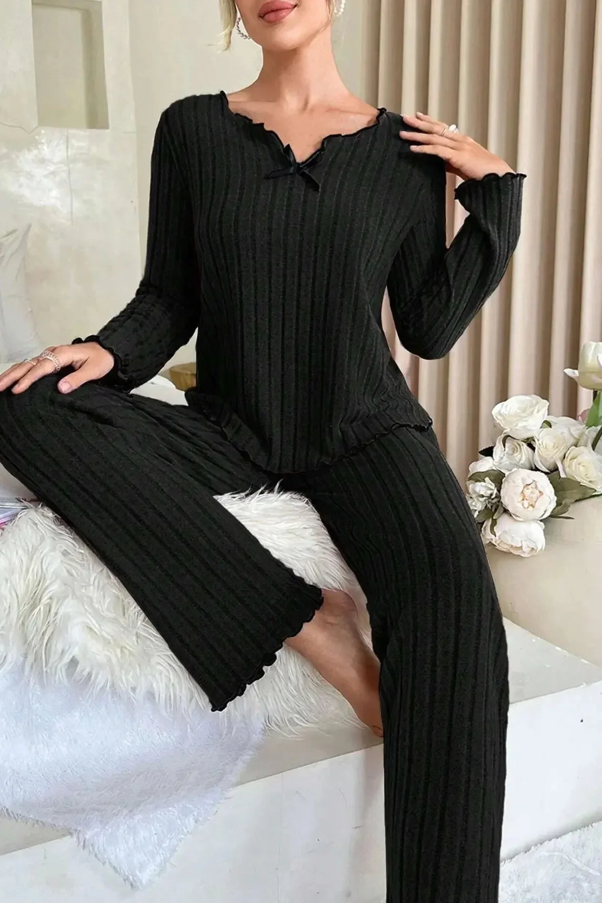 Ceylan Women’s Ribbed Knit Pajama Set Lettuce Edge Trim - Image 4