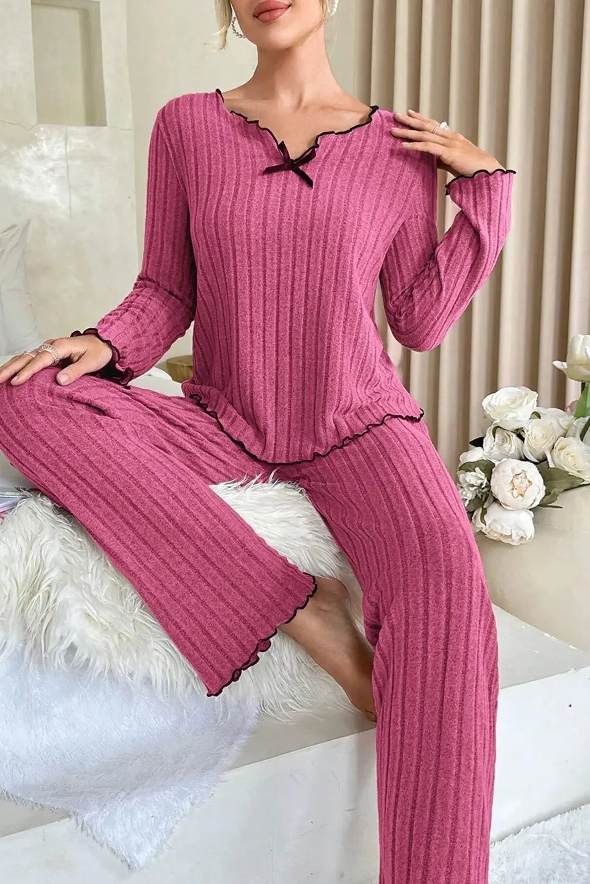 Ceylan Women’s Ribbed Knit Pajama Set Lettuce Edge Trim - Image 6