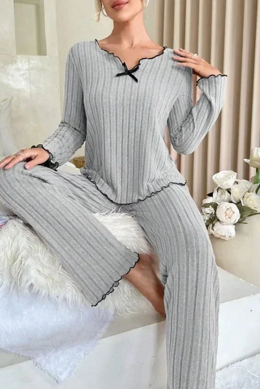 Ceylan Women’s Ribbed Knit Pajama Set Lettuce Edge Trim - Image 8