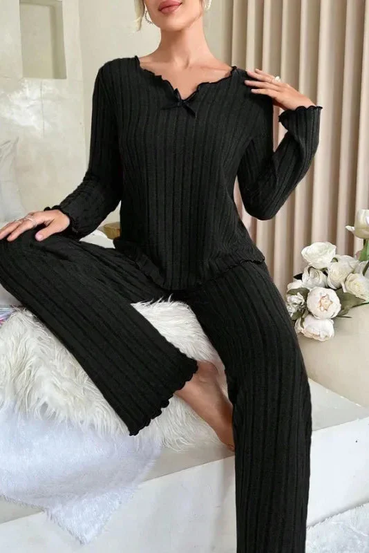 Ceylan Women’s Ribbed Knit Pajama Set Lettuce Edge Trim - Image 9