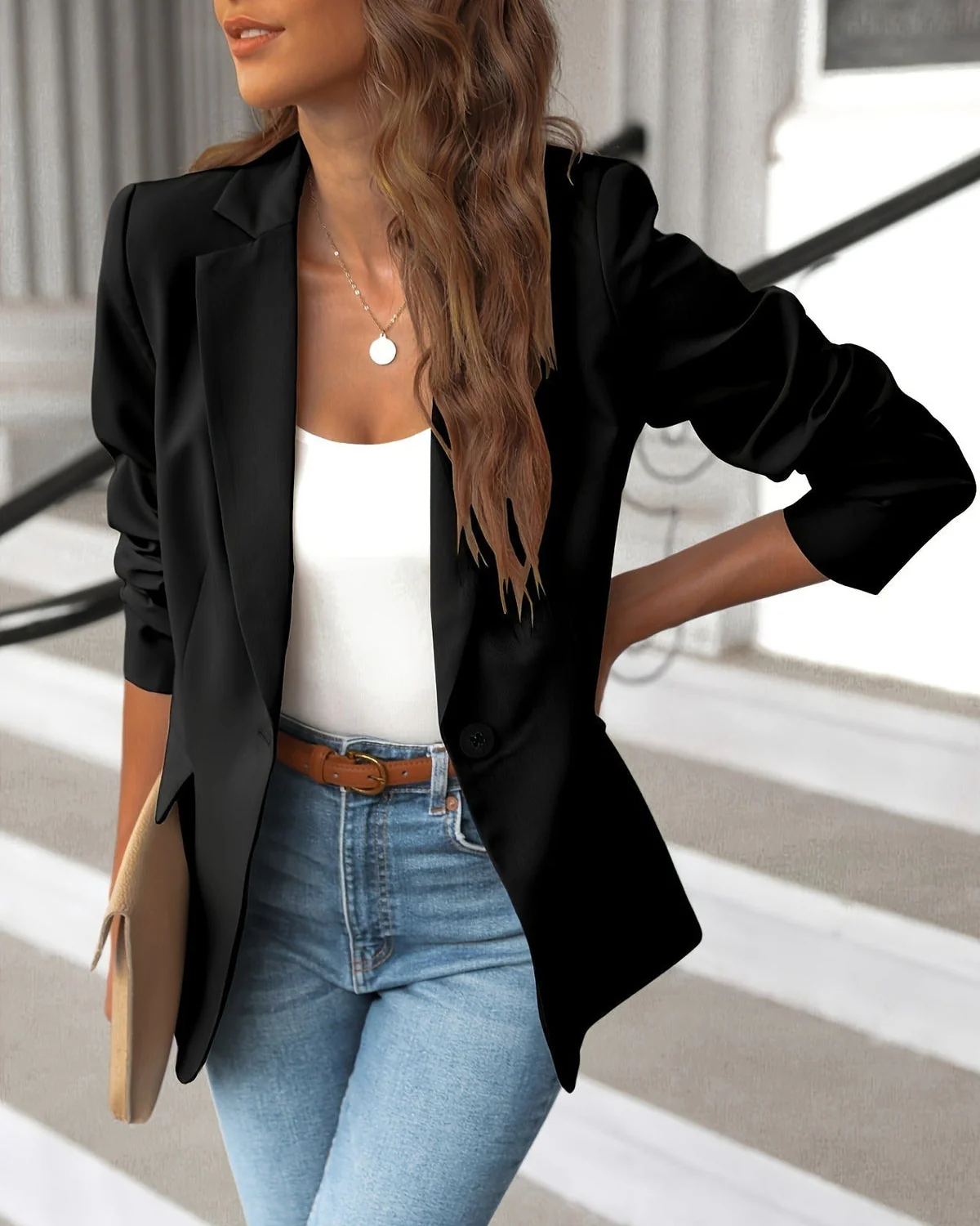 Ceylan Women’s Ruched Sleeve Blazer Tailored Single Button Jacket - Image 4