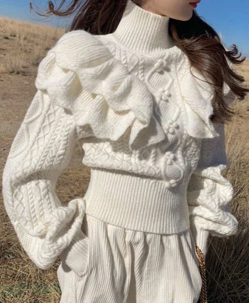 Ceylan Women’s Ruffle Cable Knit Sweater Statement Sleeve - Image 2