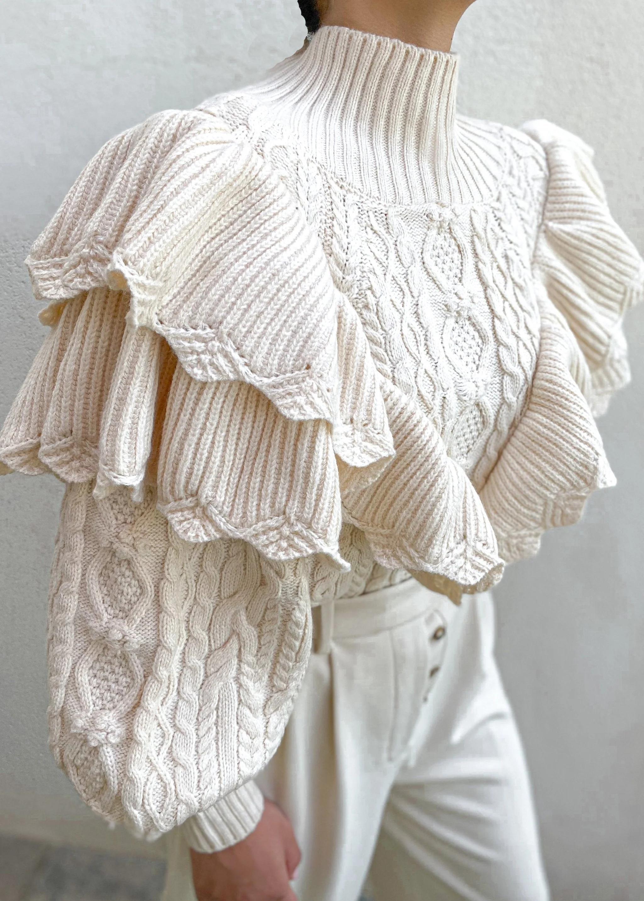 Ceylan Women’s Ruffle Cable Knit Sweater Statement Sleeve - Image 5