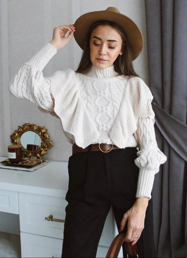 Ceylan Women’s Ruffle Cable Knit Sweater Statement Sleeve - Image 6