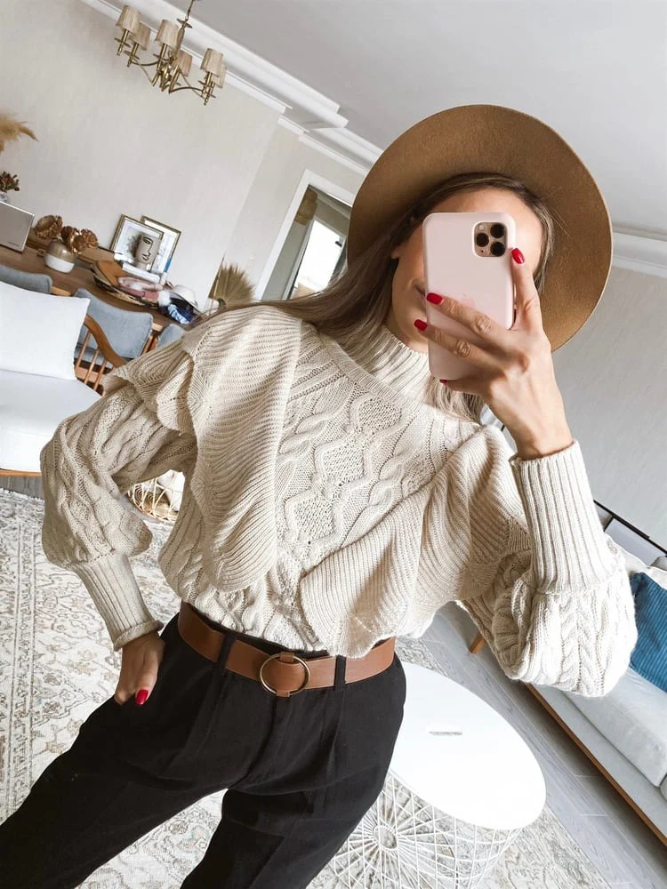 Ceylan Women’s Ruffle Cable Knit Sweater Statement Sleeve - Image 7