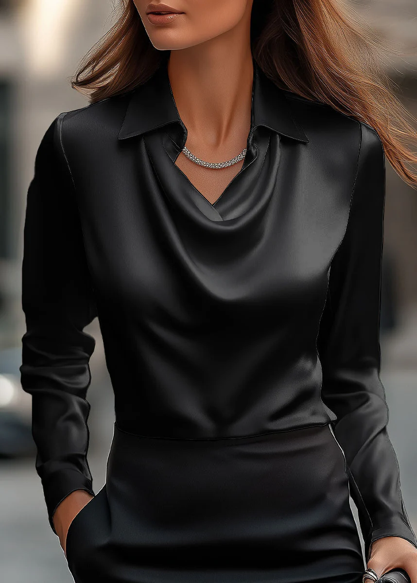 Ceylan Women’s Satin Blouse with Draped Cowl Neckline and Collar - Image 4