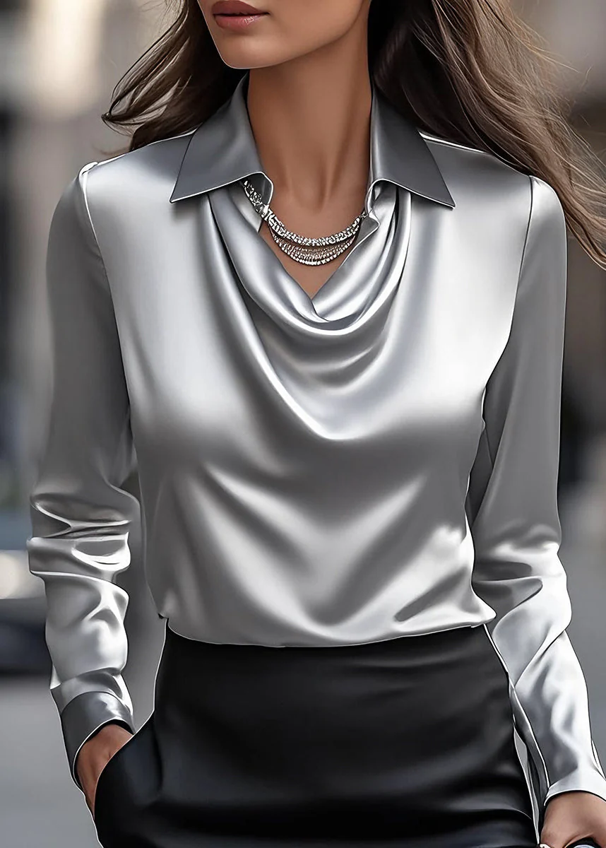 Ceylan Women’s Satin Blouse with Draped Cowl Neckline and Collar - Image 7