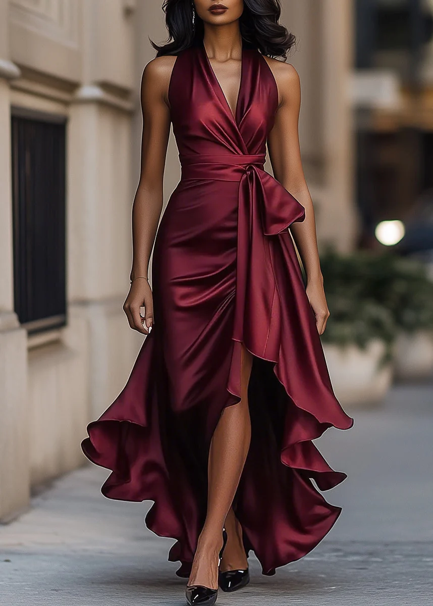 Ceylan Women’s Satin Halter Neck Gown with Asymmetric Ruffles - Image 2