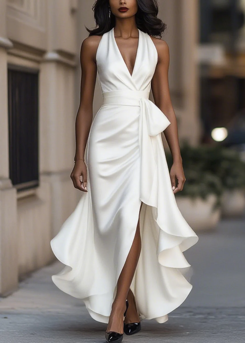 Ceylan Women’s Satin Halter Neck Gown with Asymmetric Ruffles - Image 4