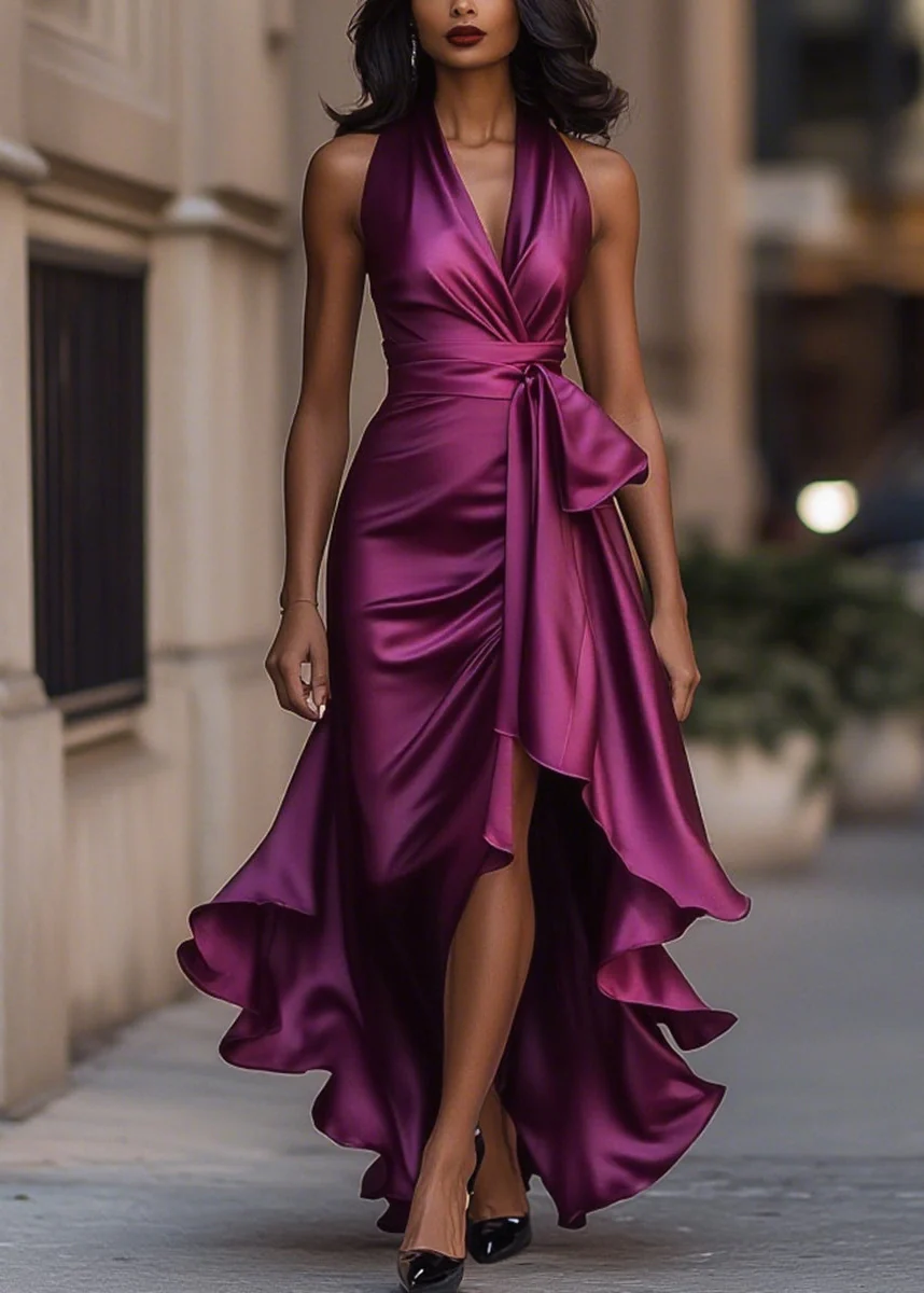 Ceylan Women’s Satin Halter Neck Gown with Asymmetric Ruffles - Image 8