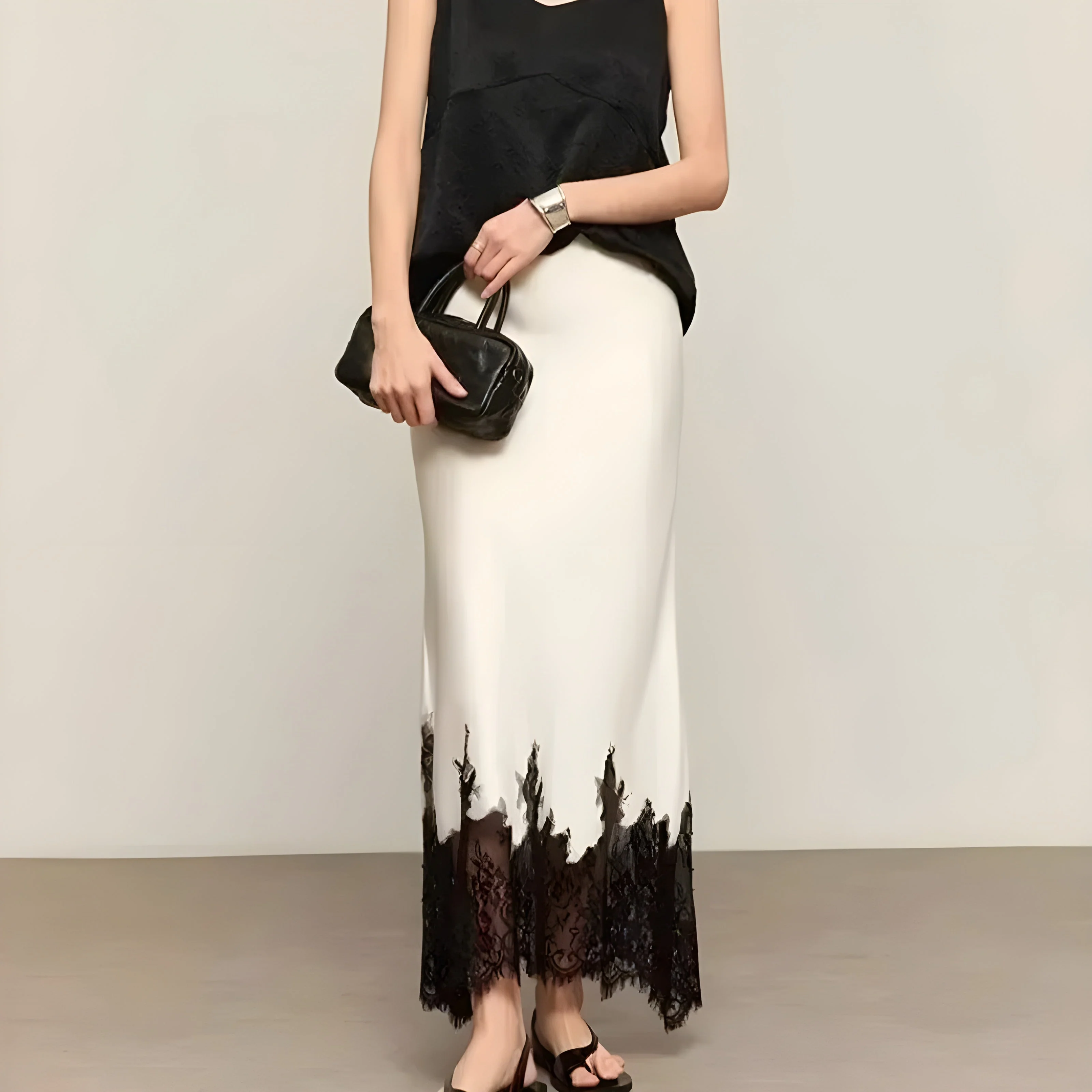 Ceylan Women's Satin Midi Skirt Contrast Lace Trim - Image 3