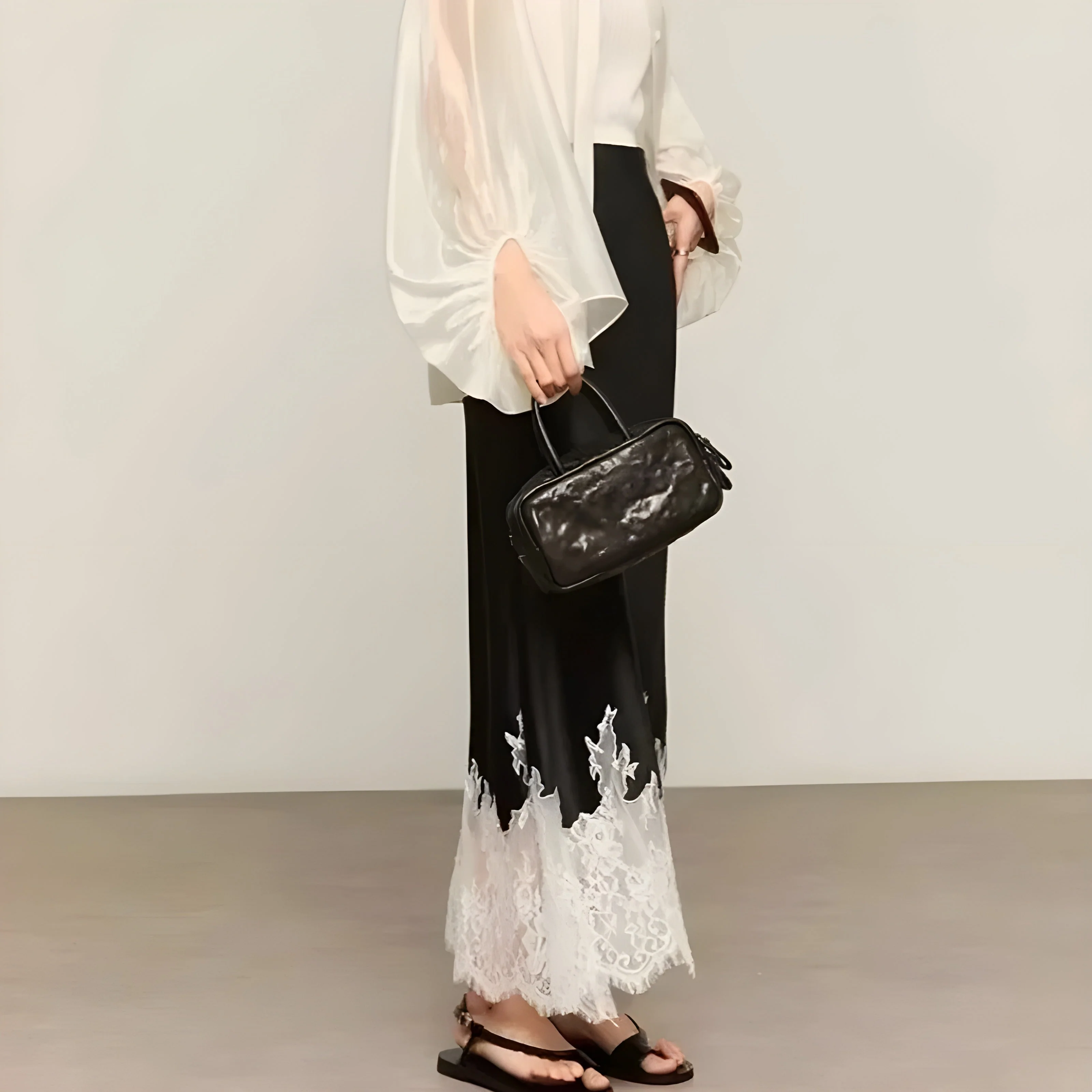 Ceylan Women's Satin Midi Skirt Contrast Lace Trim - Image 4