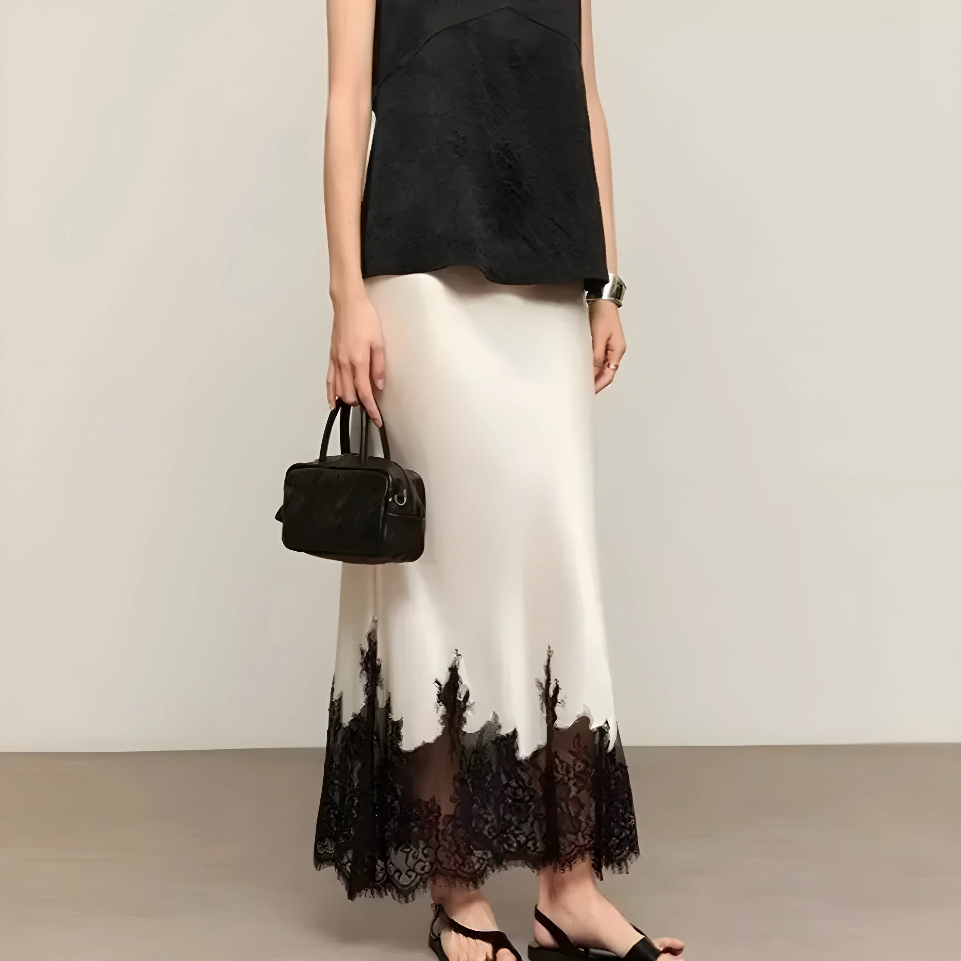 Ceylan Women's Satin Midi Skirt Contrast Lace Trim - Image 5