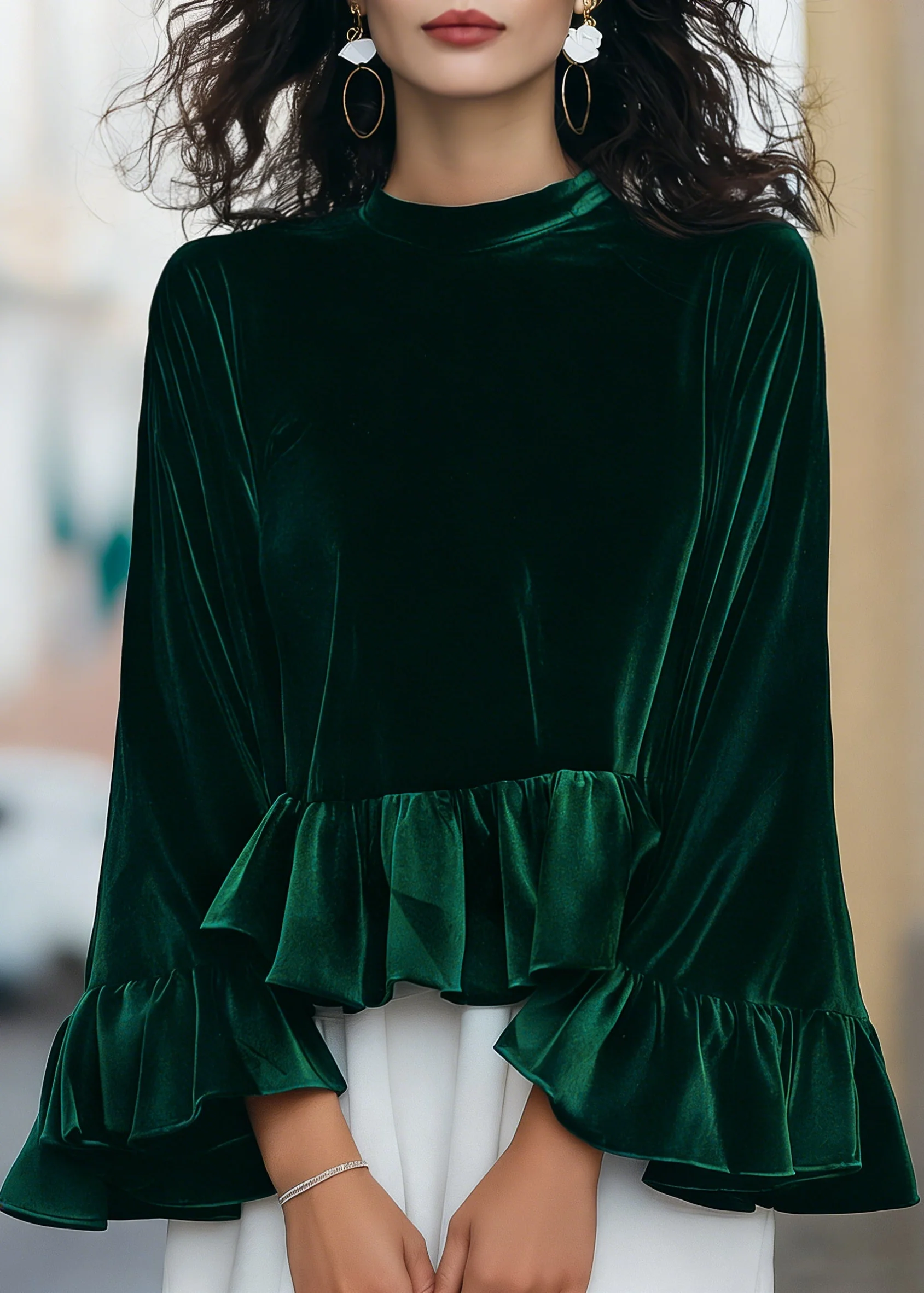 Ceylan Women’s Velvet Ruffle Blouse with Flared Flounce Sleeves - Image 3