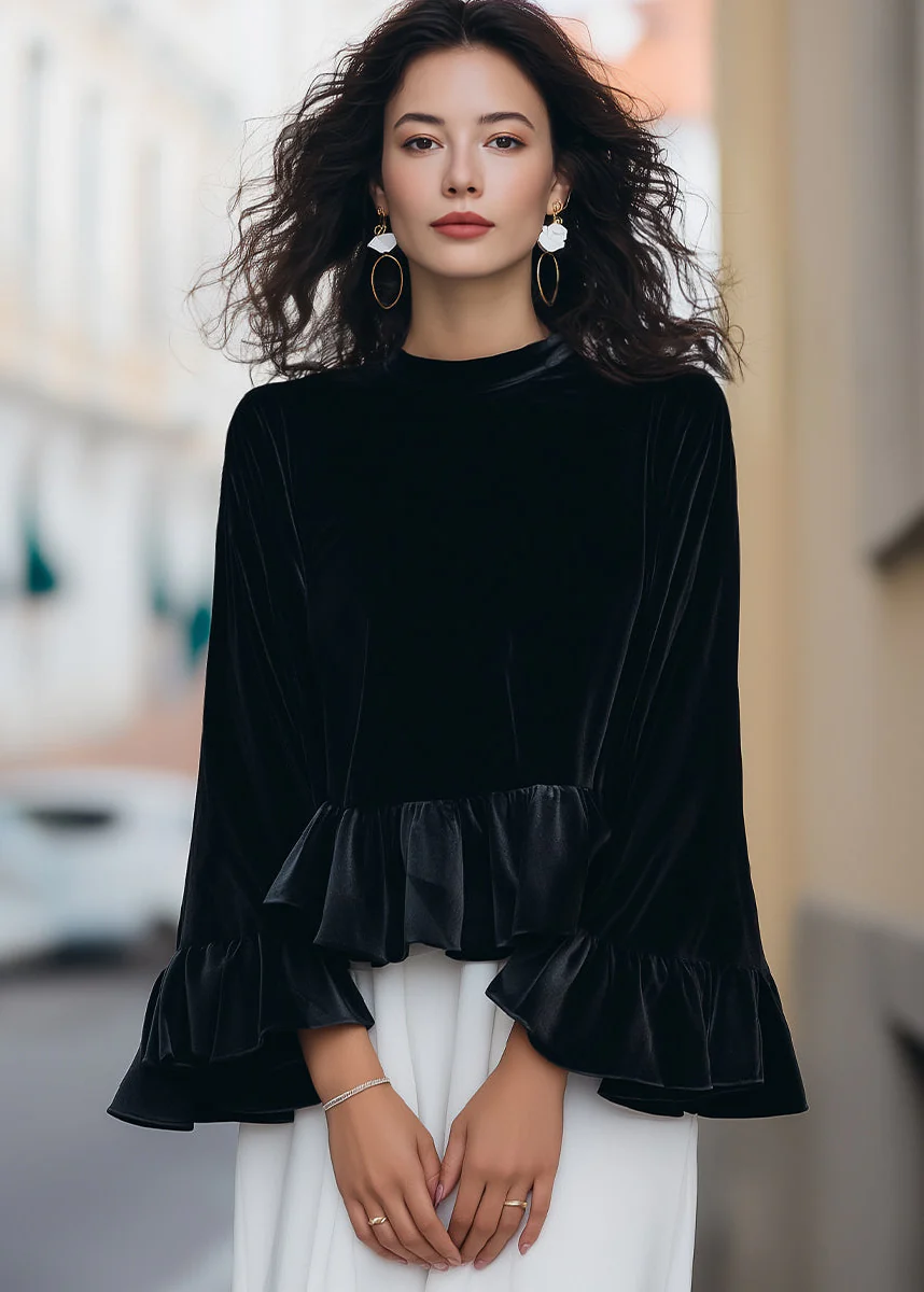 Ceylan Women’s Velvet Ruffle Blouse with Flared Flounce Sleeves - Image 4