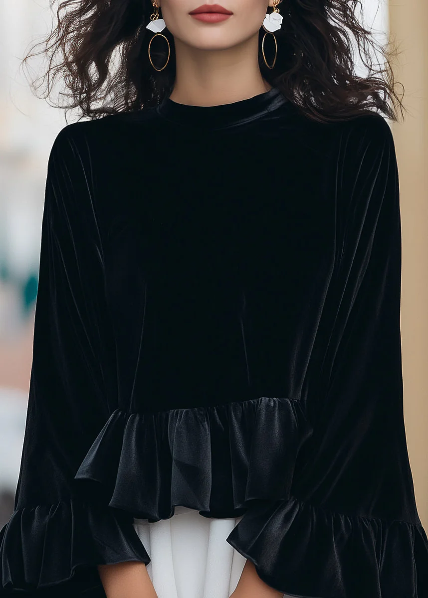 Ceylan Women’s Velvet Ruffle Blouse with Flared Flounce Sleeves - Image 5