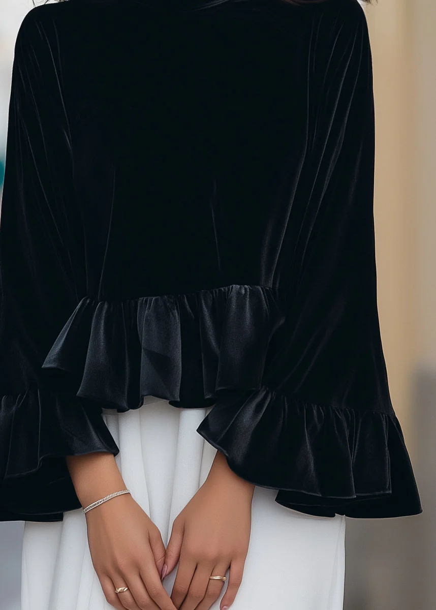 Ceylan Women’s Velvet Ruffle Blouse with Flared Flounce Sleeves - Image 6