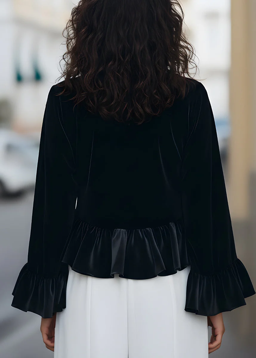 Ceylan Women’s Velvet Ruffle Blouse with Flared Flounce Sleeves - Image 7