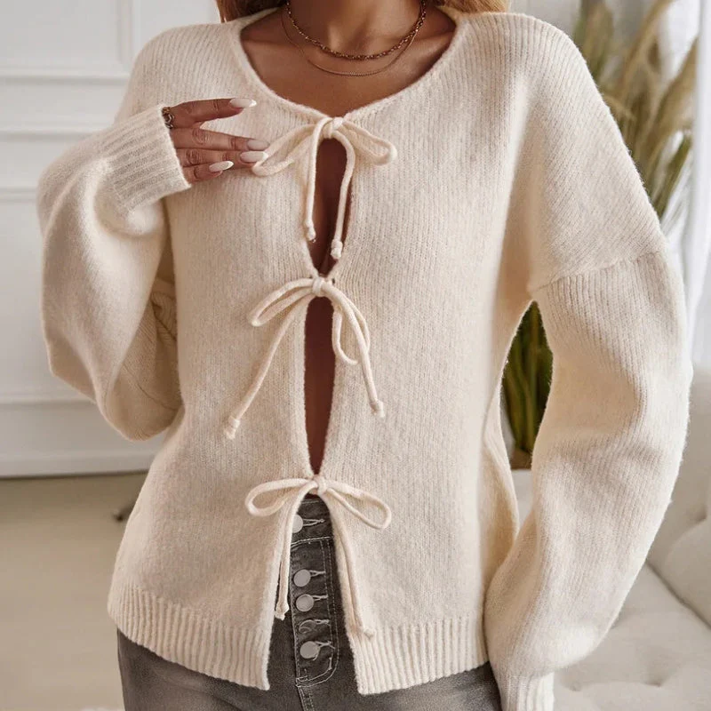 Ceylan Women's Cardigan Cropped Tie Front Open Knit Sweater - Image 4