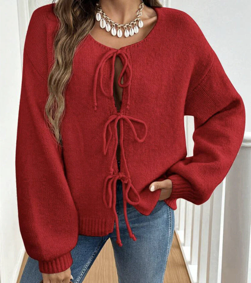 Ceylan Women's Cardigan Cropped Tie Front Open Knit Sweater - Image 5