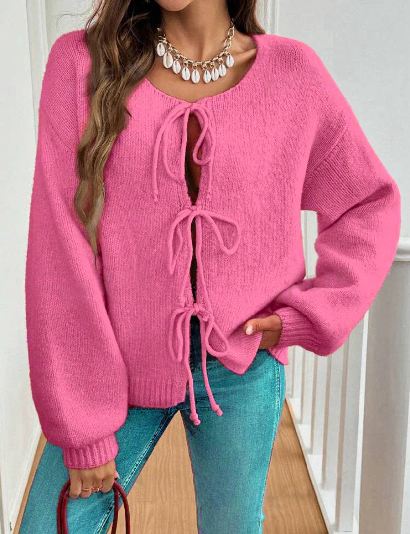 Ceylan Women's Cardigan Cropped Tie Front Open Knit Sweater - Image 6